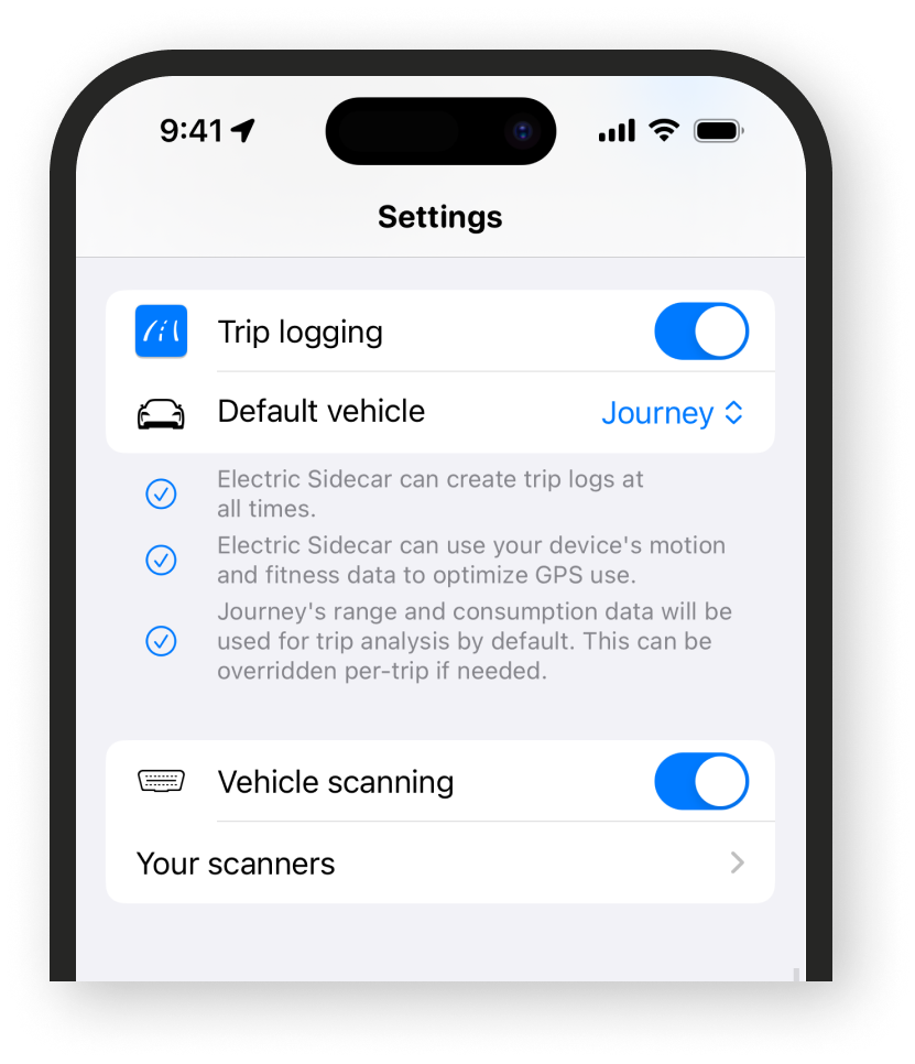 Vehicle scanning can be enabled in Electric Sidecar's Settings